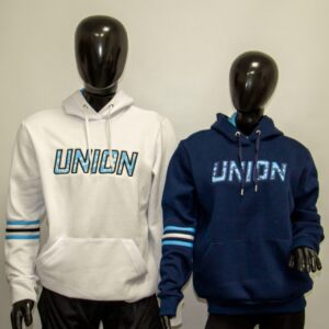 Buzo Canguro de algodón con 3 vivos de colores, capucha forrada con set celeste y bordado