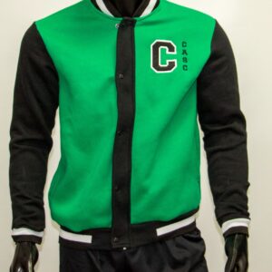 Campera universitaria con cierre botones cuello, puño y cintura tejida